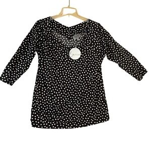 Lynn Ritchie Silver Black White Polka Dot V‎ Neck 3/4 Sleeve Draped Top XL